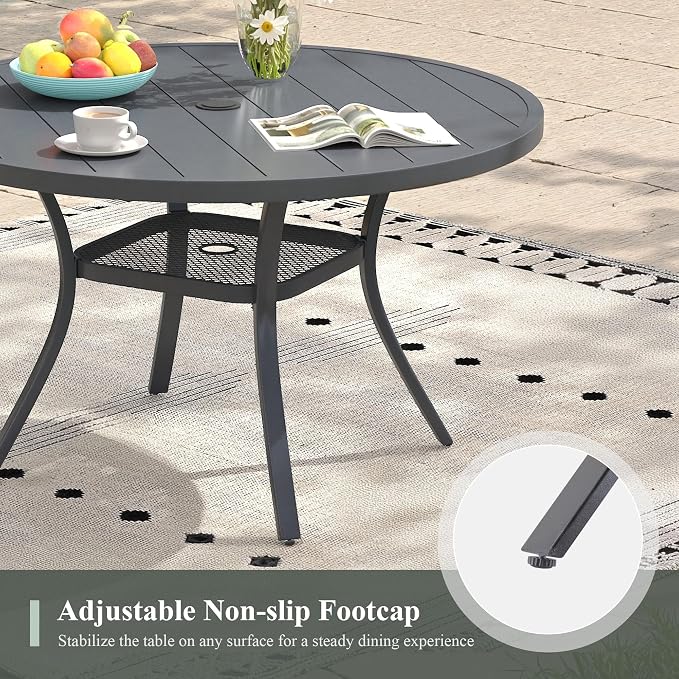 Outdoor Dining Table with Adjustable Umbrella Hole, 40.6" All-Weather Round Patio Dining Table for 4, Metal Patio Table with Storage Shelf for Garden Lawn Porch Deck Yard, Dark Grey