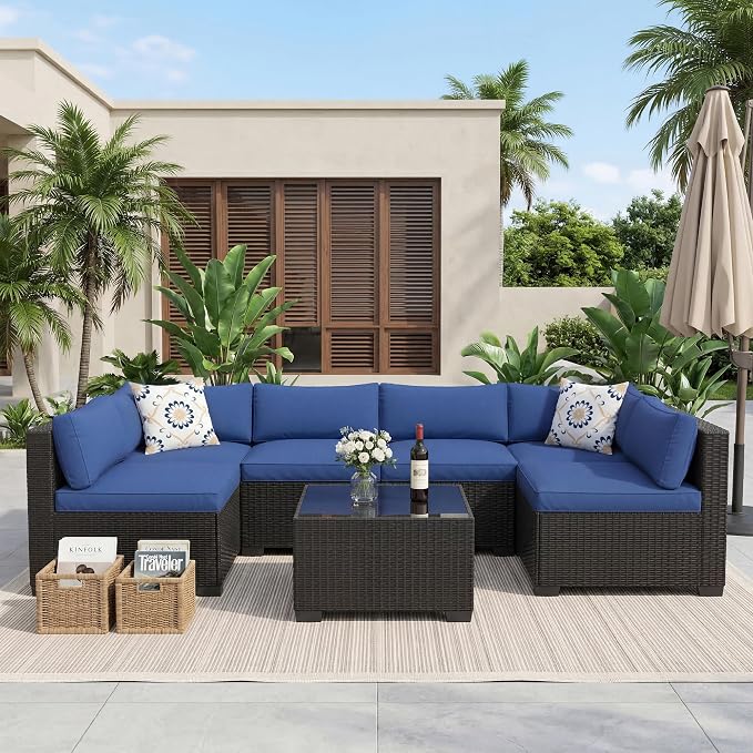 7-Piece Outdoor Rattan Sectional Sofa Set with Coffee Table – Black PE Wicker & Navy Blue Cushions