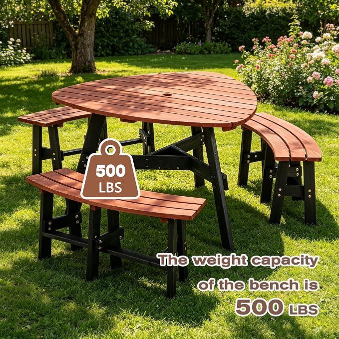 6 Person Wooden Picnic Table, Outdoor Picnic Tables with 3 Built-in 500 LBS Benches, Circular Camping Dining Table and Chairs Set with Umbrella Hole for Garden, Patio, Backyard