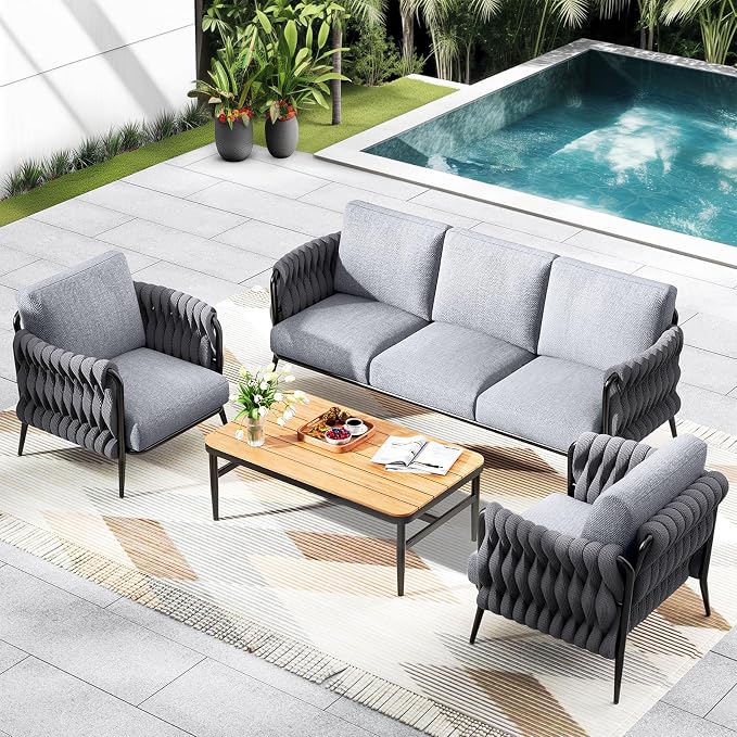 Jocoevol Patio Furniture Set, 5-Seat Outdoor Sofa Furniture Deep Seating with Coffee Table, Metal Patio Conversation Sets with Waterproof & Extra-Thick Cushions for Garden, Poolside, Backyard