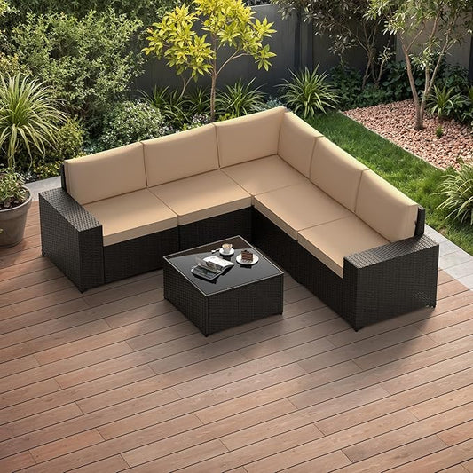 Patio Furniture Set, 6PCS Outdoor Sectional with Ottoman Wicker Rattan Patio Couch with Thickened Cushion Modular Wicker Patio Conversation Set with Glass Top Table for Balcony, Backyard(Kakhi)