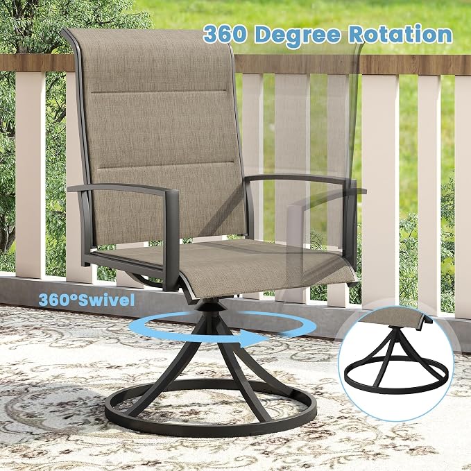 DIFY 5 Piece Outdoor Patio Dining Set for 4, 40.2" Walnut Square Metal Dining Table and Swivel Patio Chairs with Brown Padded Textilene, All-Weather Outdoor Furniture Set for Garden Backyard Porch