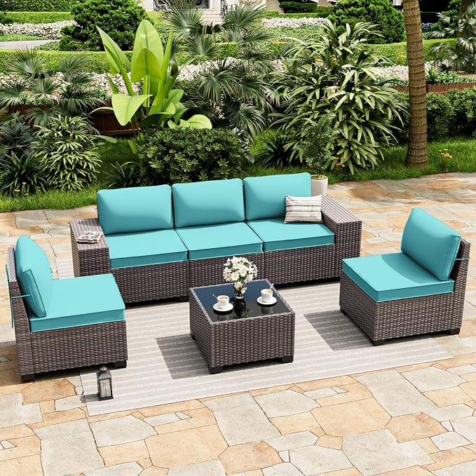 ALAULM 6 Pieces Patio Furniture Set, Oversized Seat/Armrest and High Back Wicker Sectional Furniture Set with Thick Cushion for Backyard, Garden, Red