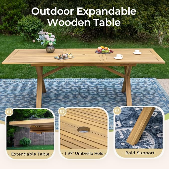 MIXPATIO Acacia Wood Outdoor Dining Set for 8 w/Expandable Table & Chairs | Solid acacia wood, weather-resistant. Expandable table w/ 1.97" umbrella hole. 8 chairs. Perfect for deck, poolside or yard.