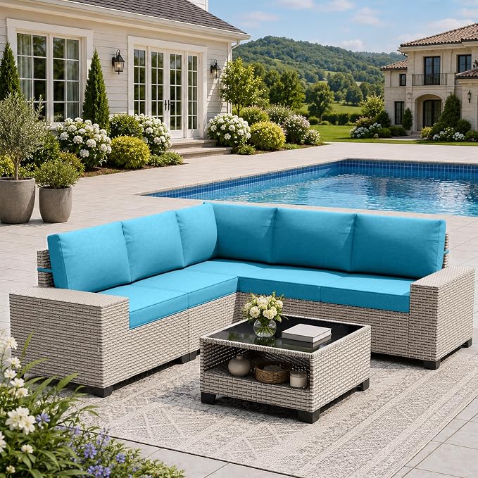 6-Piece Outdoor Patio Furniture Set, Modular Sectional Sofa Set with Glass Coffee Table and Cushions, Wicker Outdoor Couch Conversation Sets, Turquoise