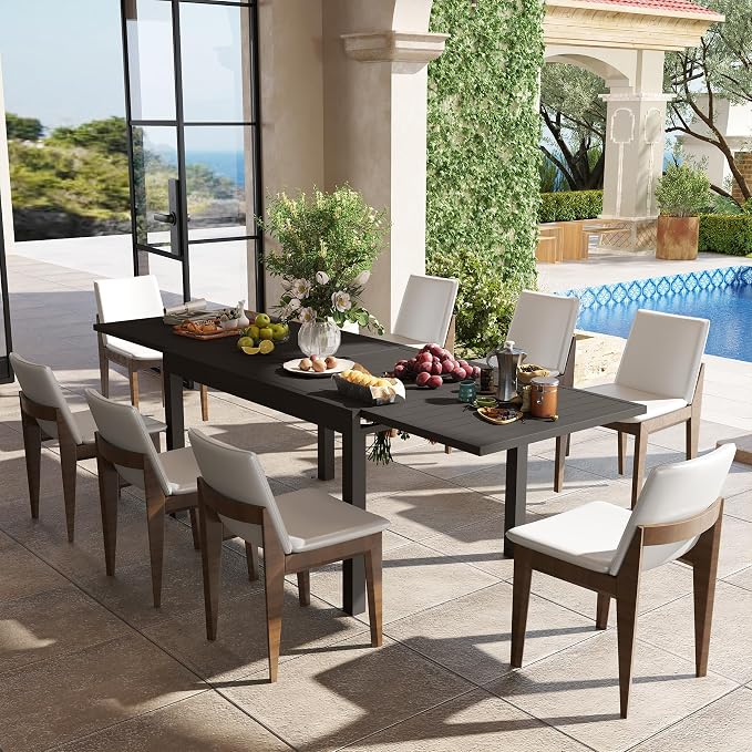 All Aluminum Expandable Patio Dining Table for 6-8 People, Extendable Outdoor Dining Room Table, All Weather Patio Furniture, Rectangular Metal Table with Adjustable Width 53"- 106", Dark Brown