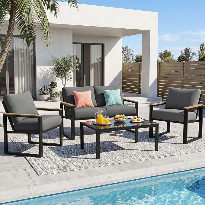 NATURAL EXPRESSIONS 4 Pieces Patio Furniture Sets,Metal Outdoor Patio Furniture Sets,Outdoor Sectional Patio Conversation Set,Wooden Anti-Scald Armrest,Sling Mesh,4" Olefin Cushions Dark Grey