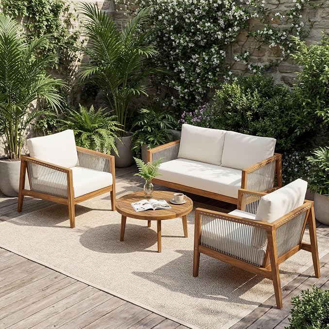 Christopher Knight Home Lalulu 4-Seater Patio Furniture Set with Cushion, 4 Piece Outdoor Acacia Wood Conversation Set, Sold Wood Outdoor Sectional Sofa Set with Coffee Table, Teak+Beige