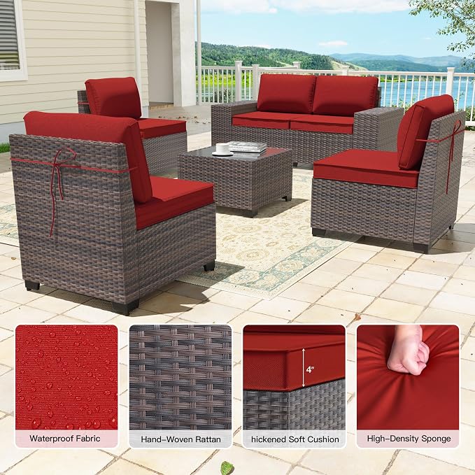 6 Pieces Patio Furniture Sets with Glass Tea Table,PE Rattan Wicker Patio Conversation Set with Washable Cushions,Outdoor Patio Sectional Furniture Set for Backyard, Poolside, Garden,Red