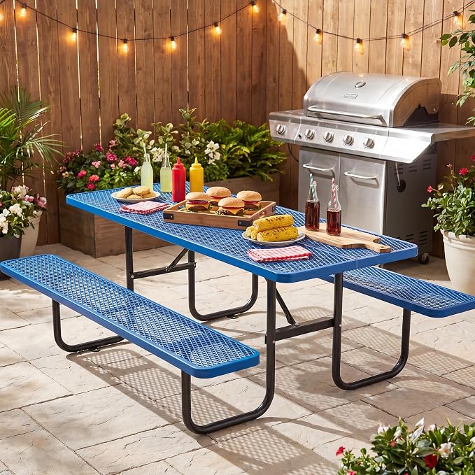 72" Outdoor Rectangular Picnic Table with Umbrella Hole, Heavy Duty Commercial Grade Steel Camping Table for Backyard Patio Deck, Weather-Resistant Blue Metal Mesh