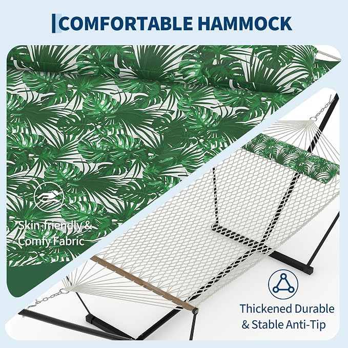 2-Person Hammock Suite with Stand,450lbs Capacity, 2 Person Cotton Rope Portable Hammock with Polyester Quilted Pad and Pillow,for Garden Yard,Camping and Patio.Green Banana Leaf Color