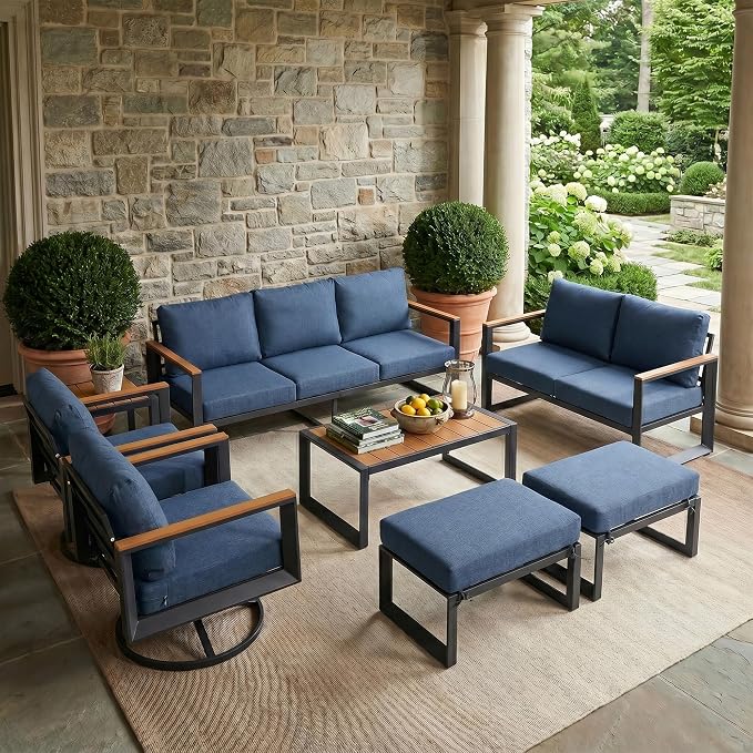 Aluminum Patio Conversation Set with Swivel Rocking Chairs, 7 Pieces Oversized Outdoor Sectional Furniture with Thick Cushions for Porch, Balcony, Yard