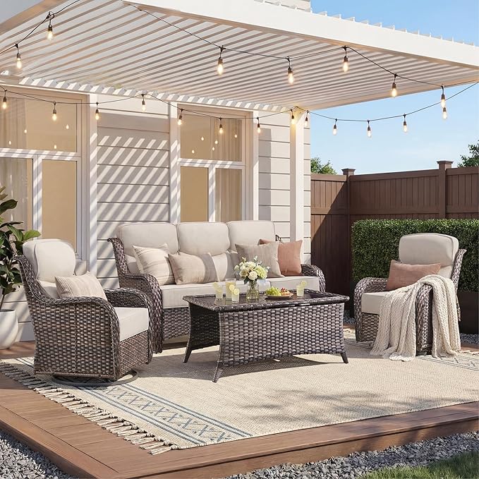 Luxury 4 Pieces Patio Furniture Set-Outdoor Swivel Rocker Patio Chairs with 6" Extra Thick Cushions, High Back Outdoor Couch and Coffee Table, Wicker Conversation Sets for Porch Deck(Brown/Beige)