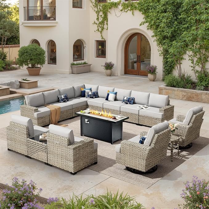 HOOOWOOO Sectional Patio Furniture Set with Fire Pit Table,15 Pieces Wicker Outdoor Furniture L Shaped Couch,Outside Conversation Set Extra Deep Seat Sofa Wide Arm Swivel Chairs Solar Light,Gray