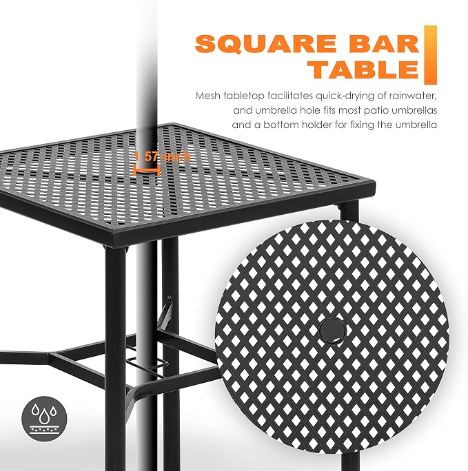 NUU GARDEN Patio Bar Table with Umbrella Hole, Bar Height Bistro Table, Black