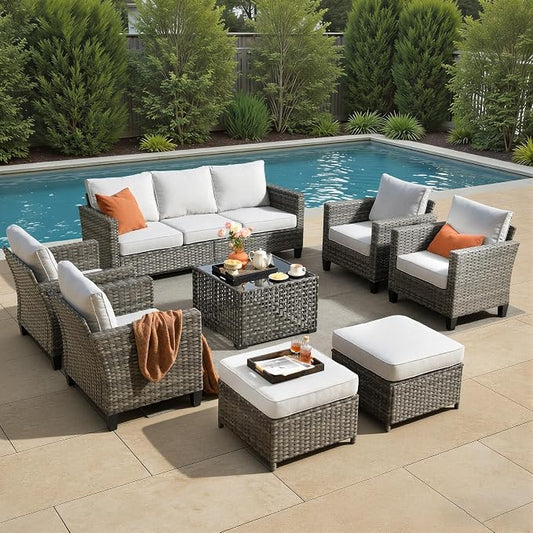 8 Piece Wicker Patio Furniture Set with Solar Table, Gray | Outdoor Deep Seating Sofa Chair Ottoman, Solar Lights Table, All Weather Rattan, Modern Conversation Set, Porch Deck Backyard