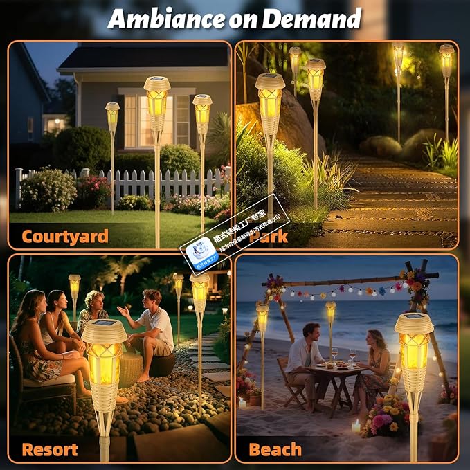 Flickering Flames Solar Powered Lights - Upgraded Solar Torches Waterproof Outdoor Decorative Lighting Auto On/Off, Handmade Bamboo Finish (Yellow-8pack-new)