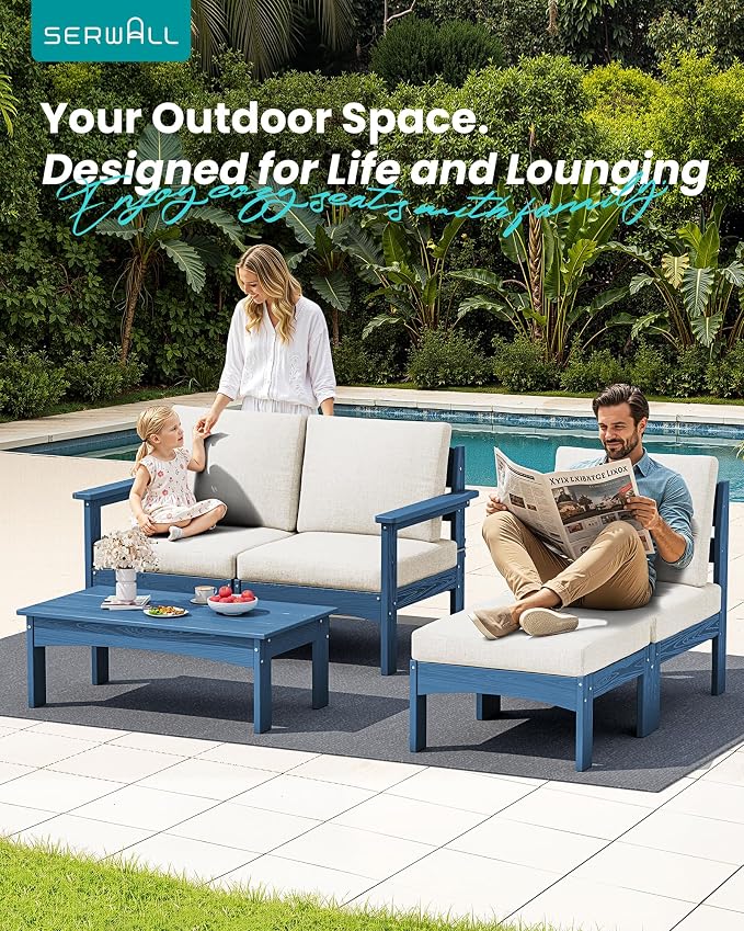 SERWALL 5-Piece Patio Sofas, All-Weather HDPE Outdoor Sectional Sofa with Cushions and Coffee Table, Large Modular Patio Conversation Set for Garden, Lawn, Deck, Porch, Blue Frame with Khaki Cushion