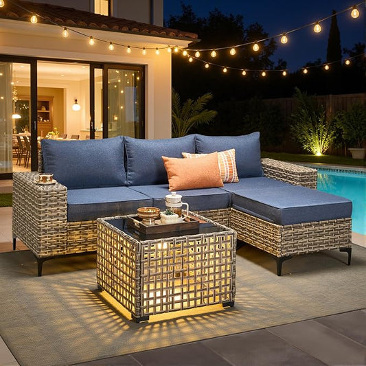HOOOWOOO 5 Pieces Patio Furniture Set,L Shaped Outdoor Sectional Couch with Solar Table, Pe Wicker All Weather Outside Conversation Sofa Ottoman Set,Denim Blue