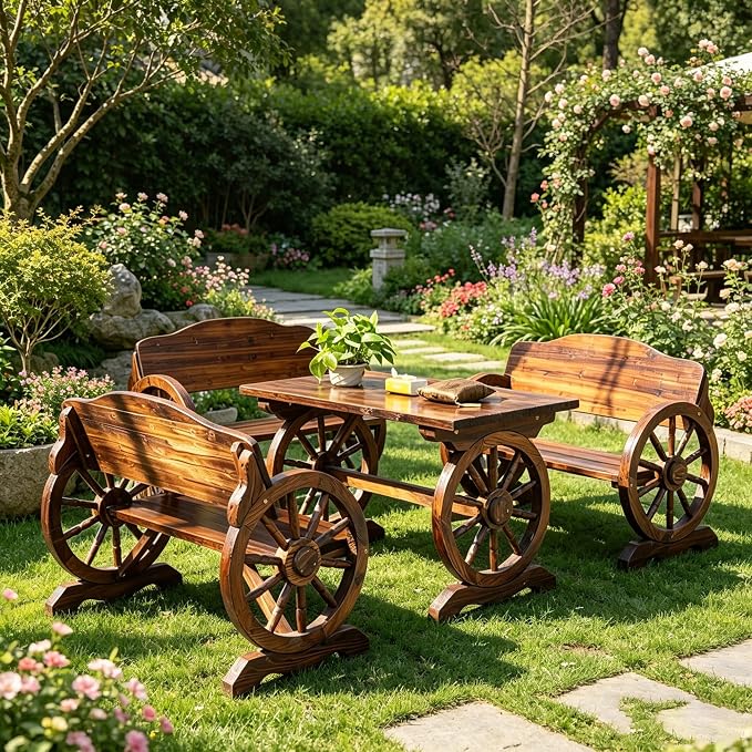3 Pieces Patio Dining Set, Outdoor Wooden Rectangular Table and Benches,Rustic Wheel Bench Outside Furniture Set for Patio Porch,Deck, Lawn, Garden and Backyard(63in)