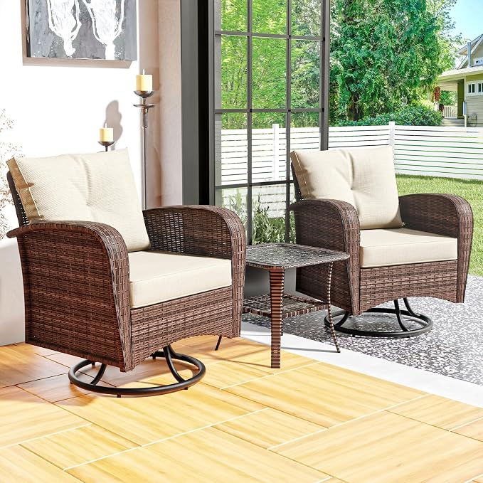3 Pieces Conversation Furniture Set of Patio Swivel Rocking Chairs and End Table, Wicker Rattan Outdoor Set with Washable Cushions for Backyard, Poolside, Sunroom (Beige)