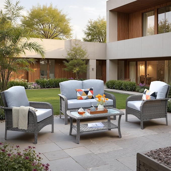 4 PCS Outdoor Patio Furniture Set with Glass Table, All-Weather Rattan Wicker Outdoor Conversation Set with Thickened Cushions for Balcony Backyard Garden Lawn,Grey