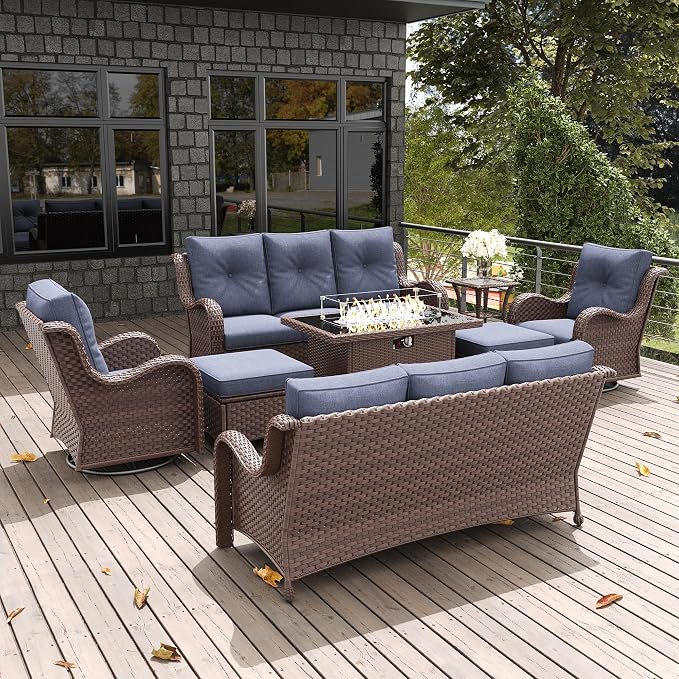 LayinSun 8 Pieces Outdoor Patio Furniture Set with Fire Pit Table, Rattan Wicker Sectional Swivel Rocker Chairs Sets with Ottomans, Swivel Glider Chair and Coffee Table