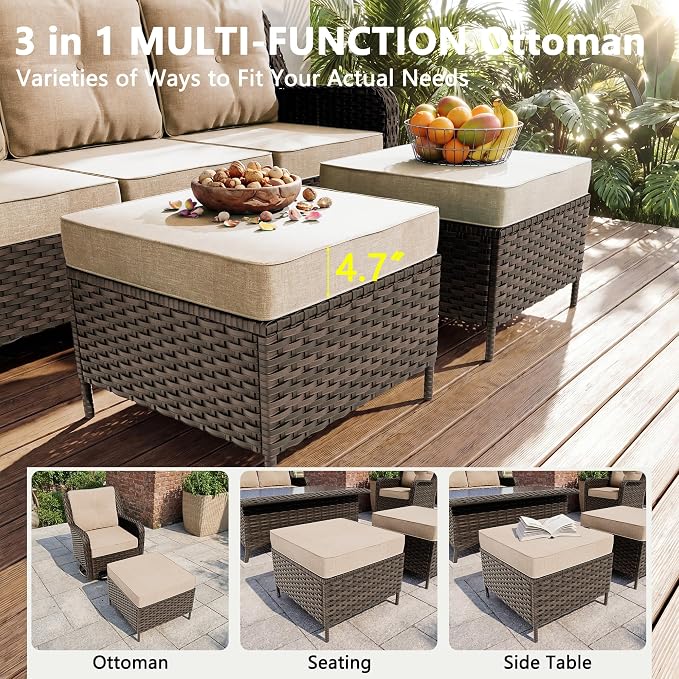Gotland 7-Pcs Patio Conversation Set, Outdoor Thick Wicker Sectional Sofas with 2 Swivel Rocker Chairs, High Back Sectional Couch, Outdoor Furniture Set for Backyard, Deck, Porch, Khaki