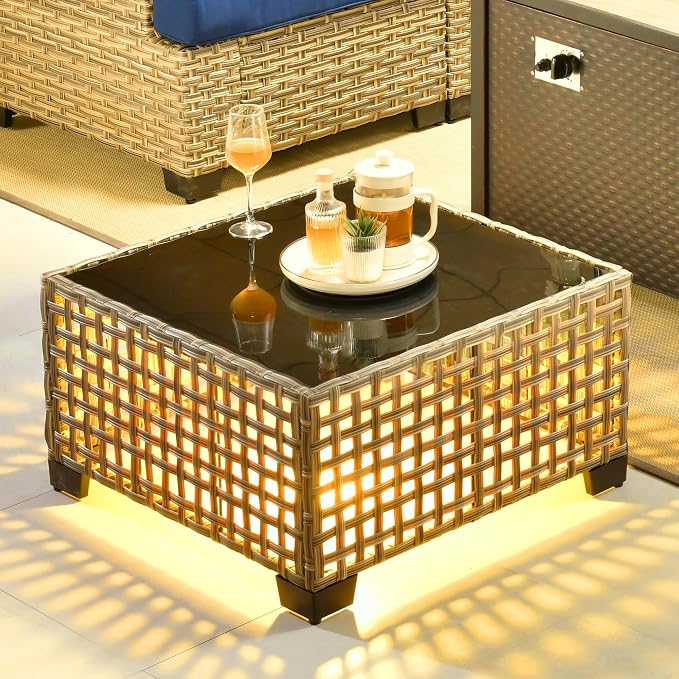 CAODOC 6 Pieces Outdoor Sectional Patio Furniture Set,Wicker Conversation Sets L Shaped Couch,Outdoor Sofa Outside Furniture with Solar Table Light(Blue)