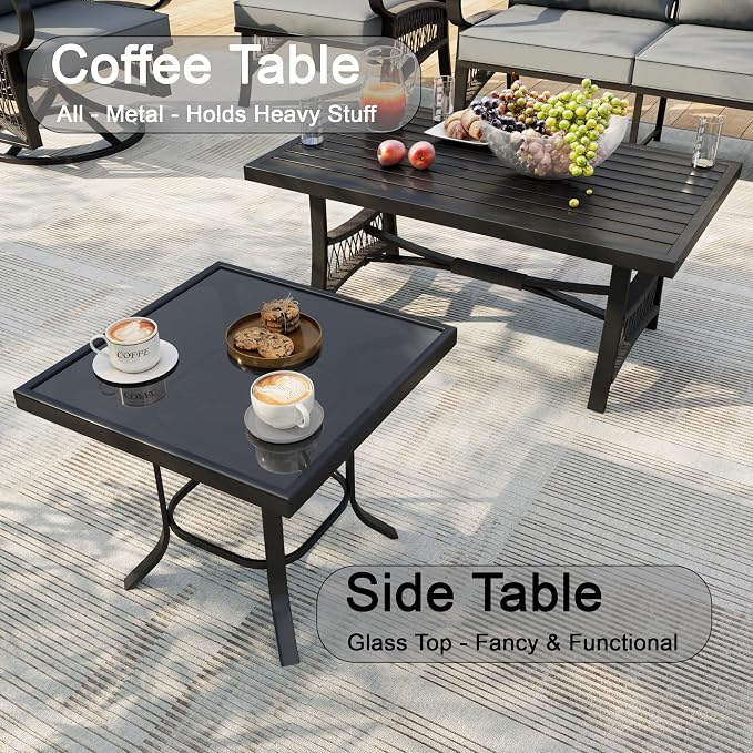 8 Pieces Patio Furniture Set, Metal Outdoor Conversation Sets with Swivel Chairs, Modern Couch Sofa Seating Group with Coffee Table and Side Table (Thick Gray Cushions)