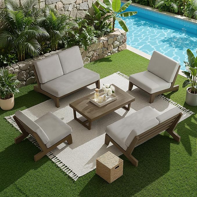 5 Pieces All Weather Wood Patio Furniture Sets, 2 Patio Loveseat, 2 Patio Bistro Chair, Outdoor Sectional Sofa Furniture Backyard Conversation Set with Coffee Table - Light Camel