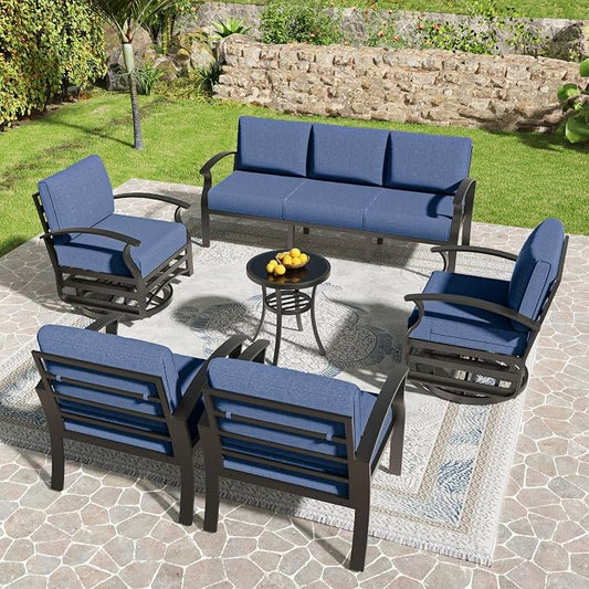 Kullavik Aluminum Patio Furniture Set,6 Piece Modern Metal Outdoor Patio Furniture w/5.1'' Thick Cushion and Swivel Chairs,Patio Conversation Sets for Porch,Deck,NavyBlue