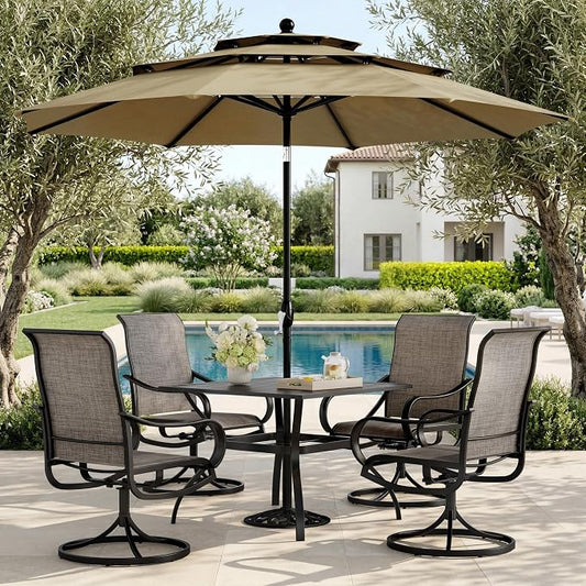 PHI VILLA Patio Furniture Set with Umbrella for 4,Swivel Mesh Dining Chairs | Includes 1 square metal table, 4 breathable textilene chairs and 10ft Beige umbrella, designed for deck, backyard, garden