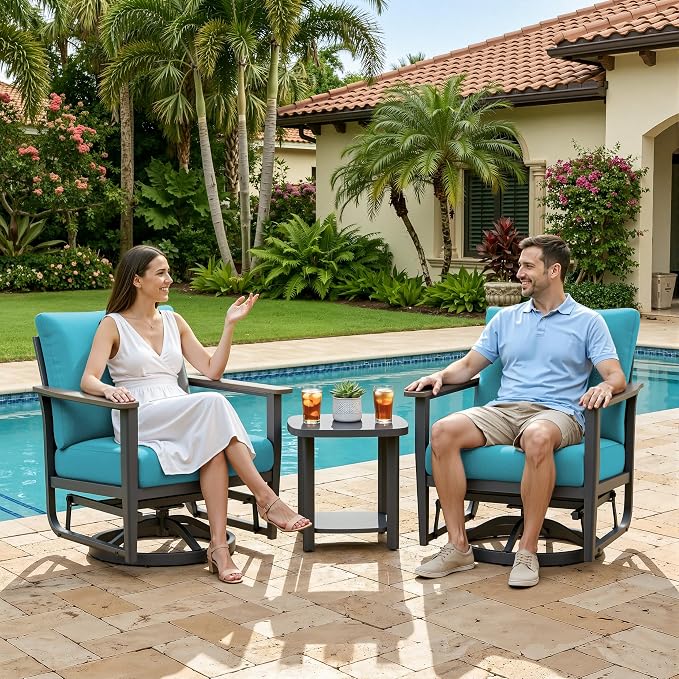 Aluminum Patio Swivel Rocking Chair Outdoor Bistro Set, 3PCS Patio Conversation Set Outdoor Patio Furniture Set with High Backrest & Thickened Cushions for Garden, Deck and Balcony, Turquoise