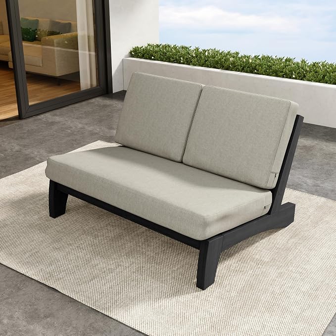 Outdoor Furniture Patio Couch, Weather Resistant Patio Loveseat Sofa Couch with Removable Cushion & Pillows, Black Wood Frame for Porch & Backyard Seating - Light Camel