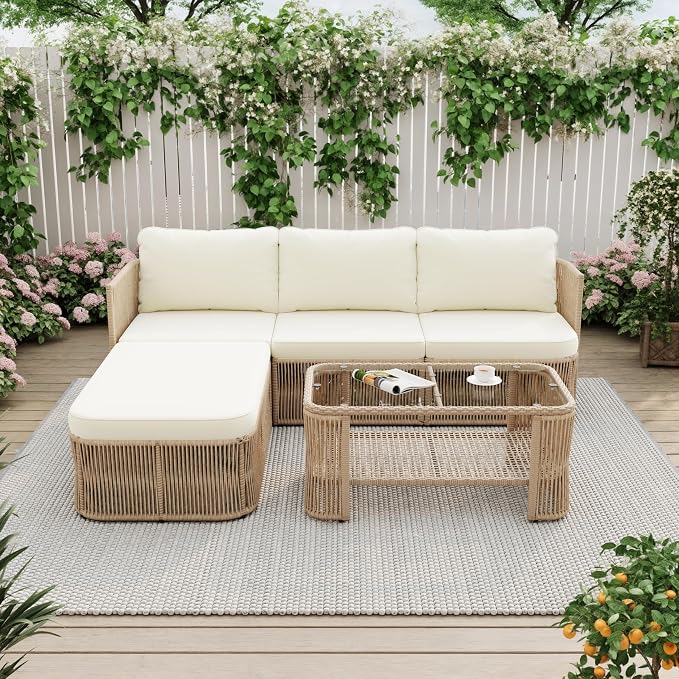 Outdoor PE Rattan Patio Furniture Set Sectional Sofa with Iron Frame, All-Weather Wicker Conversation Set with Thick Cushions and Coffee Table for Garden Backyard Balcony