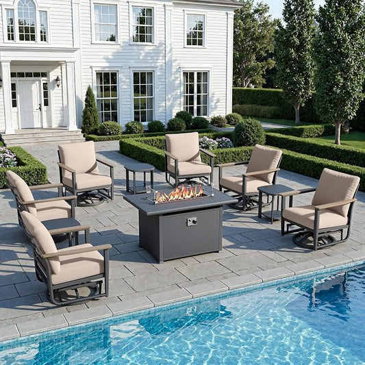 10Pcs Patio Rocking Swivel Chair with 55,000 BTU Fire Pit Table Outdoor Aluminum Bistro Set with Coffee Table, Patio Furniture Set with High Backrest & Thickened Cushions, Sand