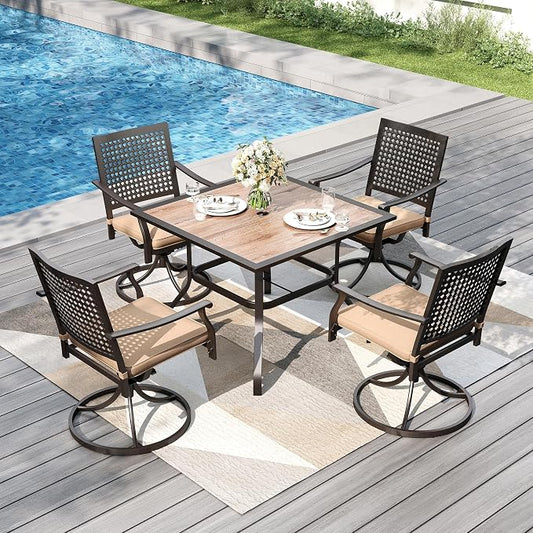 PHI VILLA Outdoor Dining Set for 4, 37" Metal Table & Swivel Chairs | 5 pcs black wrought iron square furniture. Polywood top table w/ umbrella hole. All weather for patio, deck, porch