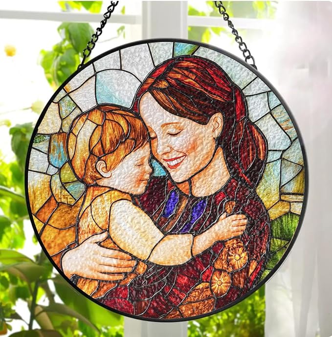 LOVELYPOD Custom Mom Faux Stained Glass Sun Catcher, Personalized Family Portrait Window Hanging, Gifts for Mom, Custom Photo Gifts, Mothers Day Sun Catcher