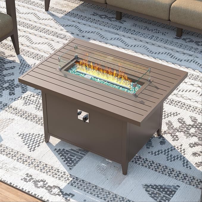 Aluminum Patio Furniture Set with Oversized Fire Pit Table, 7-Piece All-Weather Outdoor Conversation Set with Swivel Rocking Chairs, Oversized Modern Sofa for Backyard, Deck, Balcony-Brown