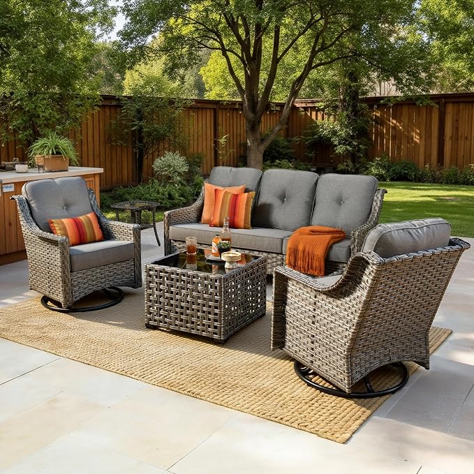 5 PCS Patio Conversation Set, All-Weather Rattan Wicker Outdoor Patio Furniture Sets with High Back Swivel Rocker Chair, Solar Light Coffee Table for Porch,Backyard,Balcony,Dark Grey