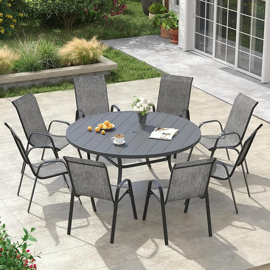 VICLLAX Round Patio Dining Set for 8, Metal Slatted Patio Table with Umbrella Hole and Stackable Patio Chairs for Deck Lawn Garden, Grey Fabric and Dark Grey Tabletop