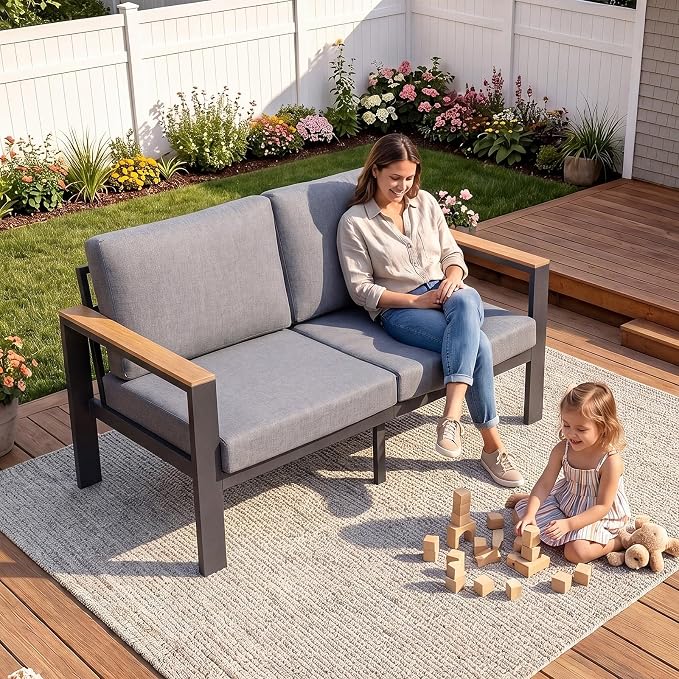 Aluminum Outdoor Loveseat, 2-Seat Patio Furniture Loveseat with 1.5mm Powder-Coated Frame, Anti-Hot Armrest & Waterproof Removable Cushions, Weather Resistant Outdoor Sofa for Backyard Porch Gray