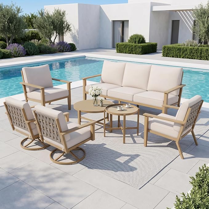 SUNSHINE VALLEY Patio Conversation Set,7 Pcs Metal Outdoor Furniture with 3-Seater Sofa,2 Swivel Chairs,2 Single Chairs,Metal Nested Table and 5.75" Extra Thick Cushion for Lawn Garden Backyard,Beige