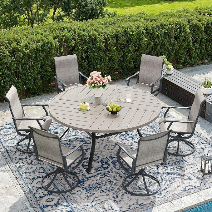DIFY Patio Table and Chairs Set for 6, 7 Piece Outdoor Dining Set, 53.1" Grey Wood-Like Round Metal Dining Table with Umbrella Hole and 6 Grey Textilene Swivel Patio Chairs, for Garden Backyard Deck