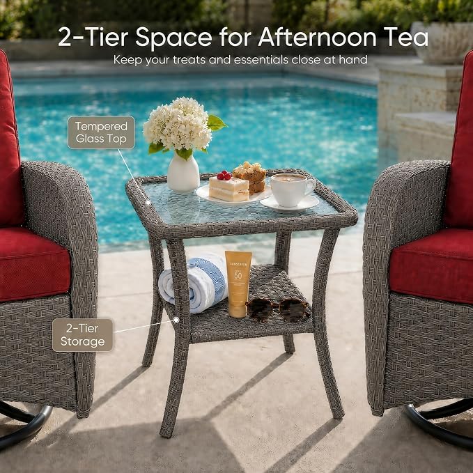 3-Piece Wicker Patio Bistro Set, 2-Pack Swivel Rocking Chairs, Grey/Red | 2-pack chairs, 360-degree swivel, Olefin fabric, removable covers, 4-inch cushions, 2-tier side table, porch use