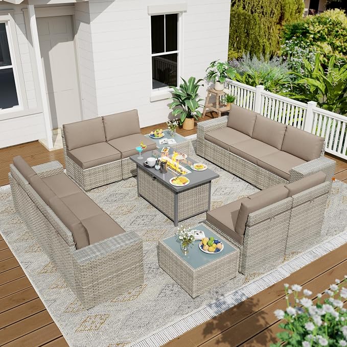 13 Piece Patio Furniture Set with 50,000 BTU Rattan Fire Pit Table that Converts to Coffee Table, 9.8" Wide Arm Sectional Sofa with Storage Armrests, Outdoor Rattan Conversation Set, Khaki
