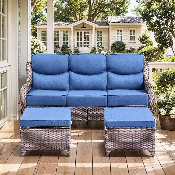 HUMMUH Luxury Patio Furniture Set 6-inch Thick Cushions High Back Swivel Rocker Chairs & 3 Seater-Couch & Steel Fire Pit Table 7 Pieces Outdoor Conversation Set for Porch,Deck,Backyard