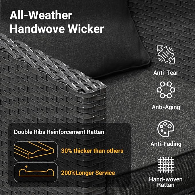 Patio Furniture Set, 6 Pcs Patio Outdoor Sectional, Wicker Outdoor Couch with Swivel Chair, Ottomans, Side Table, 4" Thick Cushion, for Garden Backyard Deck.Black