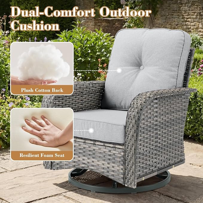 5 Pieces Patio Furniture Set, All Weather Rattan Patio Conversation Sets with Swivel Rocking Chairs, Coffee Table, High Back Outdoor Furniture Loveseat for Porch, Backyard,Grey